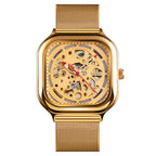 Orologio meccanico automatico impermeabile da uomo con cinturino in maglia quadrata cava