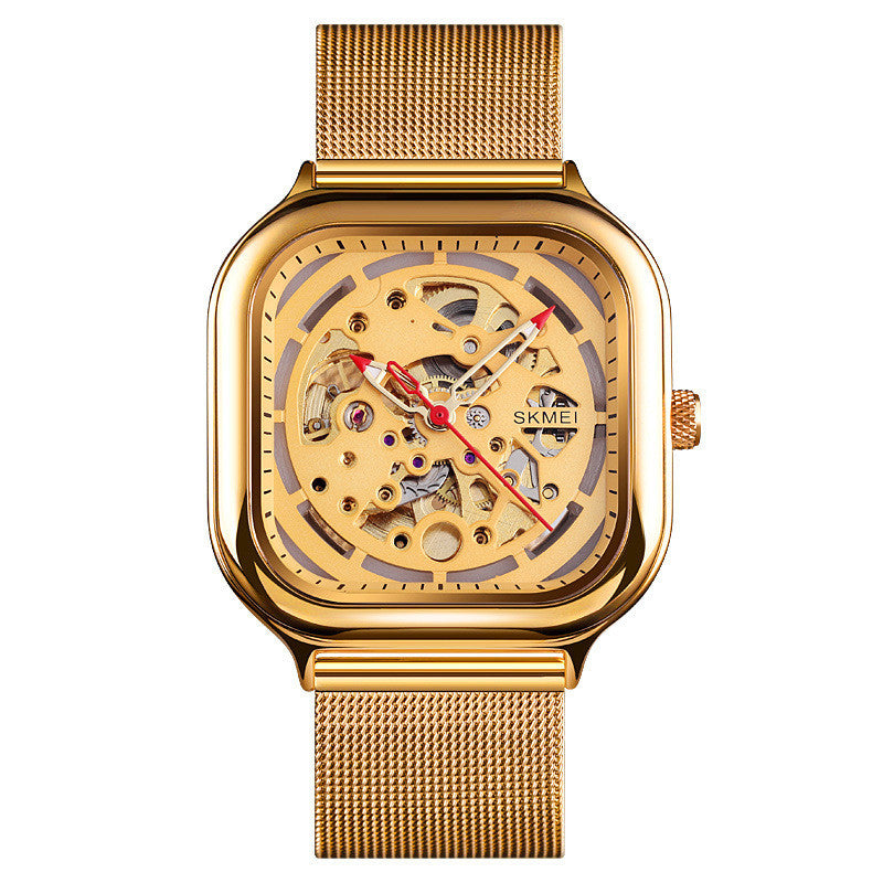 Orologio meccanico automatico impermeabile da uomo con cinturino in maglia quadrata cava