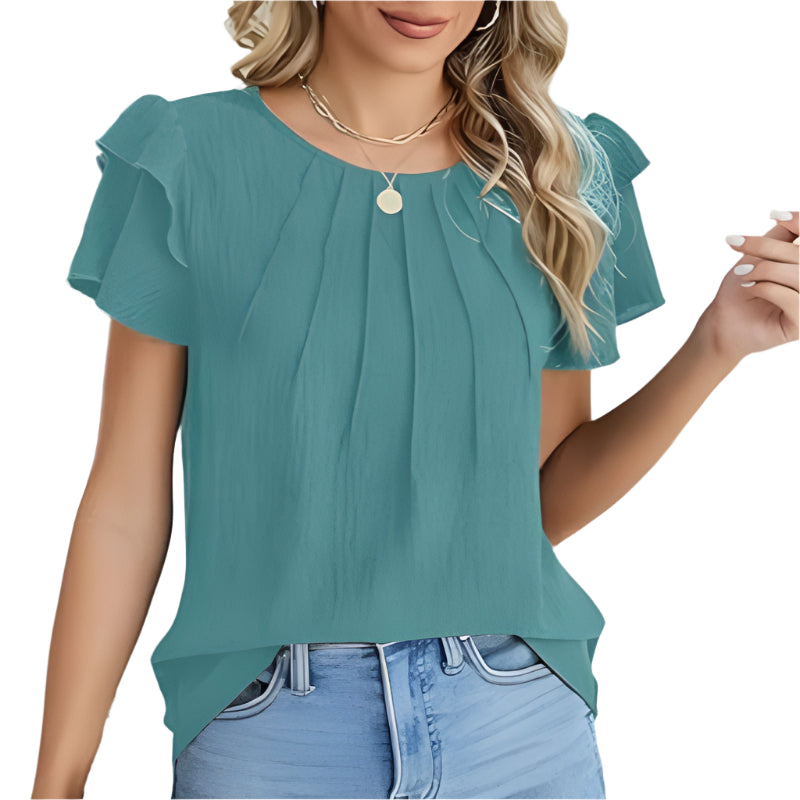Women's Ruffle Short Sleeve Shirts Solid Color Round Neck Short Sleeve Fashion Casual Fashionable Women Dress - Acquisti Online