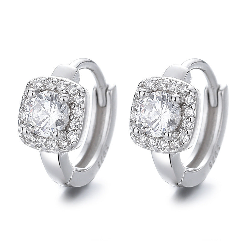 925 Sterling Silver Square Round Full Diamond Earrings Women's