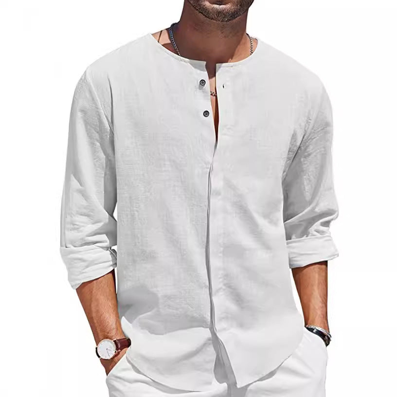 Camicia casual formale alla moda da uomo, cardigan in cotone e lino, colletto decorato con bottoni, camicia casual alla moda da uomo