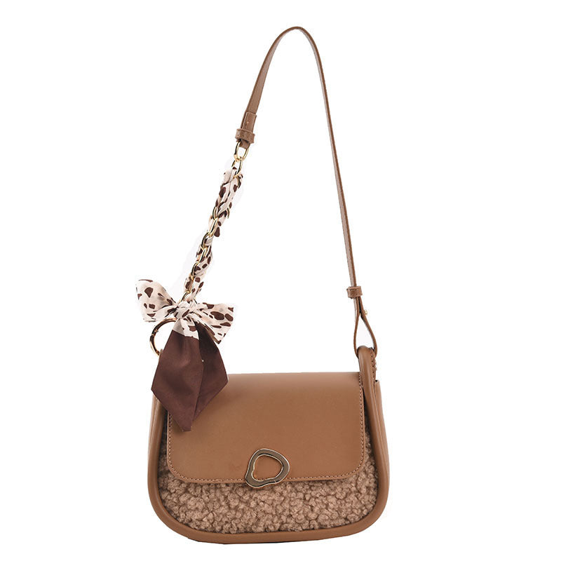Women's Stitching Lamb Velvet PU Small Round Bag
