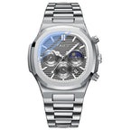 Silver wristwatch with detailed face on a white background