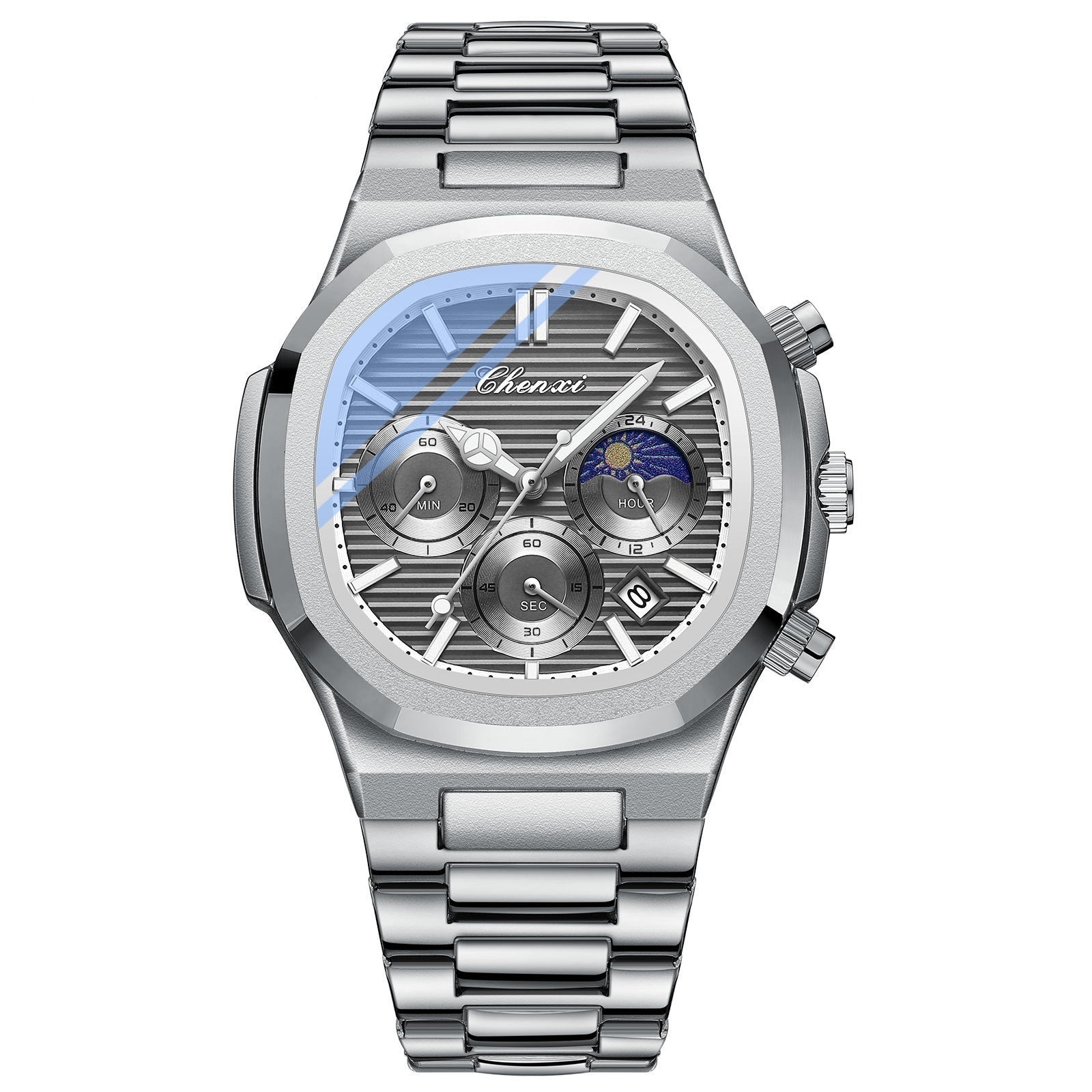 Silver wristwatch with detailed face on a white background