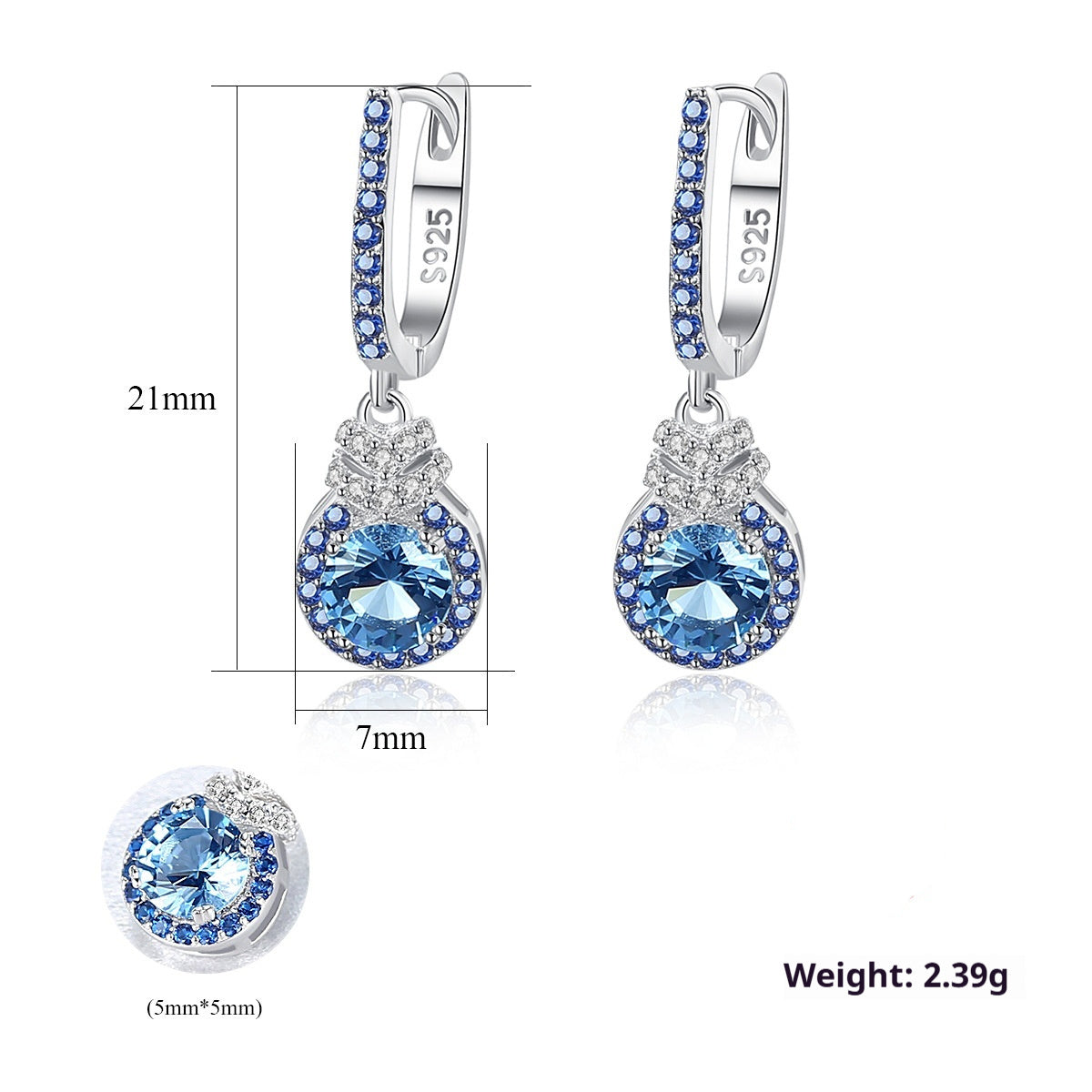 Sky Blue Earrings S925 Silver Ear Clip Colored Gems Women's
