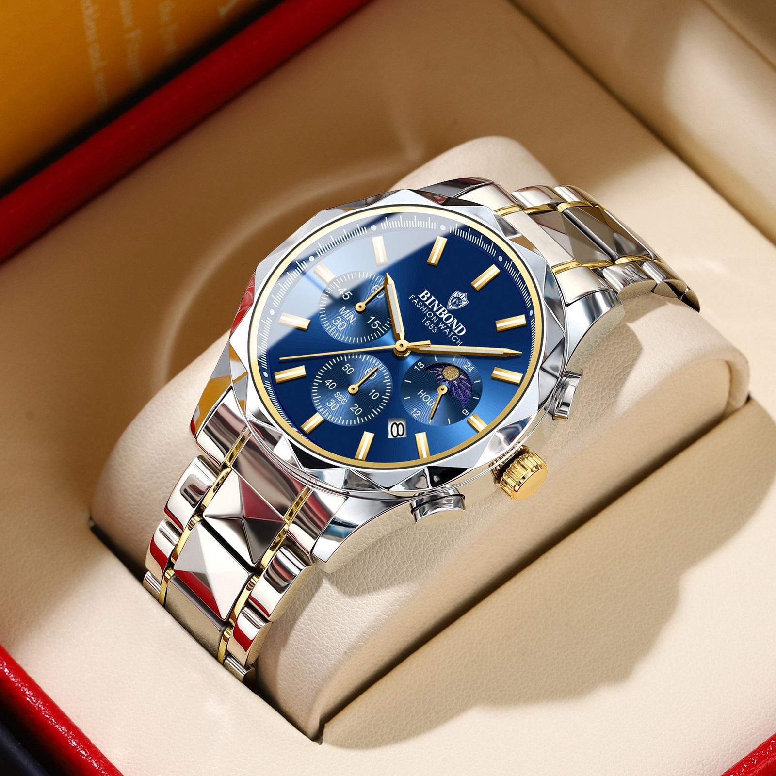 BINBOND Luxury Brand Men's Watch High Quality Waterproof Sport Chronograph Quartz Military Watch Men Clock Butterfly Clasp Men's Watch - Acquisti Online