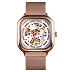 Orologio meccanico automatico impermeabile da uomo con cinturino in maglia quadrata cava