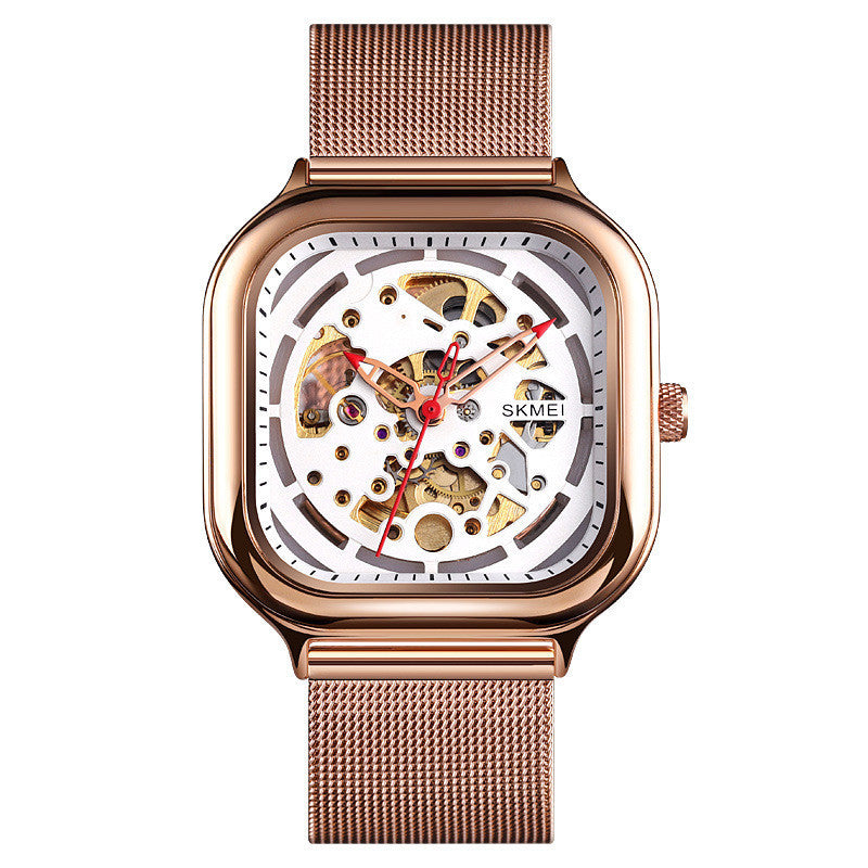 Orologio meccanico automatico impermeabile da uomo con cinturino in maglia quadrata cava