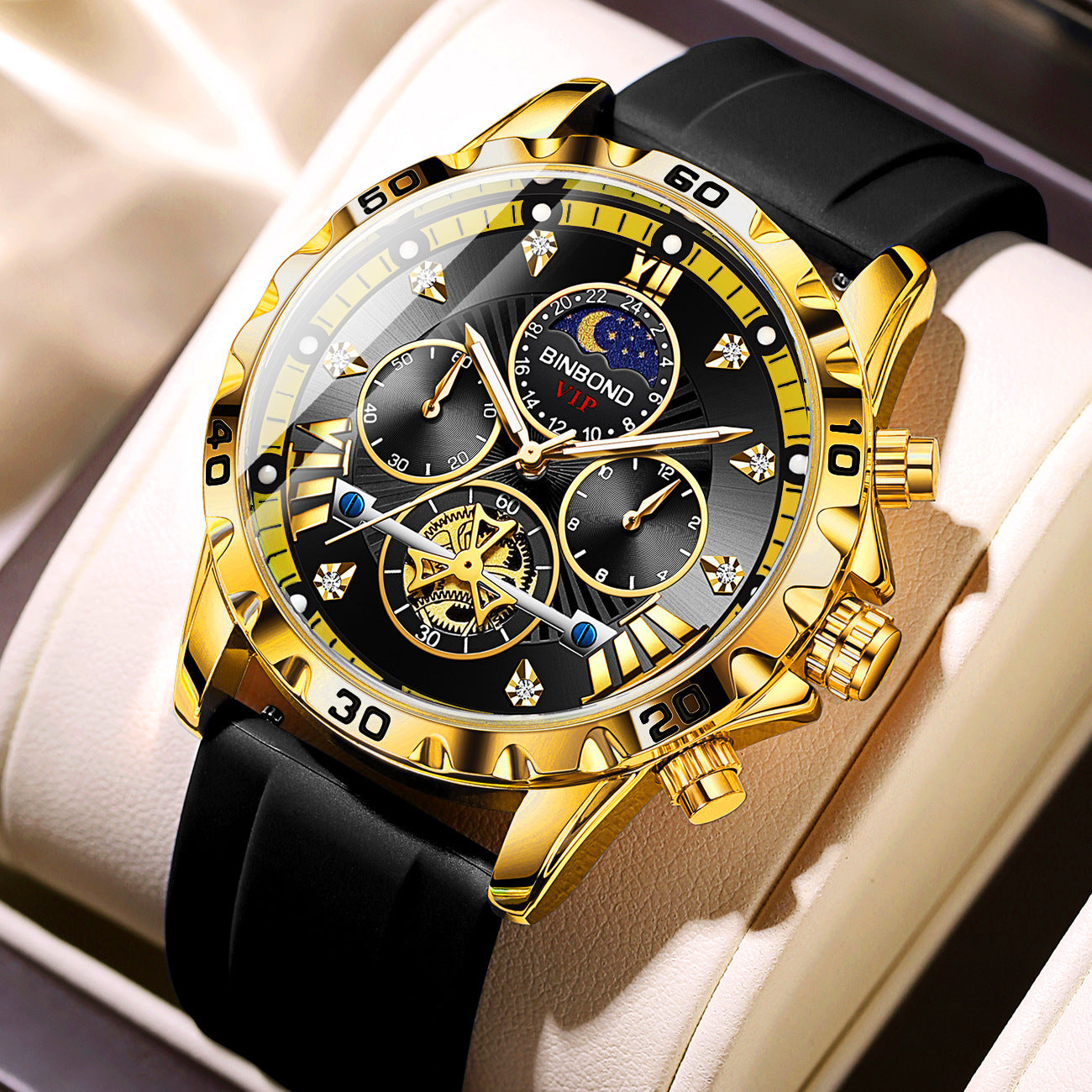 Binbond Brand Men Diamond Dial Watch Sports Men Soft Silicone Belt Quartz Movement Wristwatch Stainless Case Watches - Acquisti Online