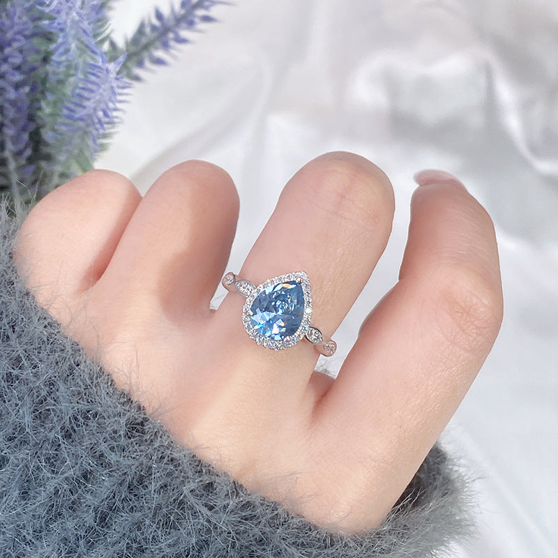 Ring met gekleurde edelstenen voor dames, S925 sterling zilver, oceaanblauw temperament, commute