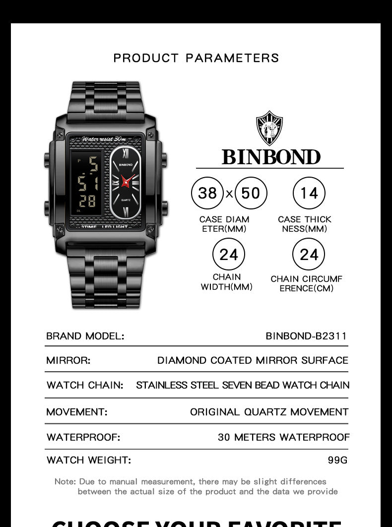 Binbond Men's Steel Belt Electronic Watch Double Inserts Multi-Functional Waterproof Quartz Movement Watch - Acquisti Online
