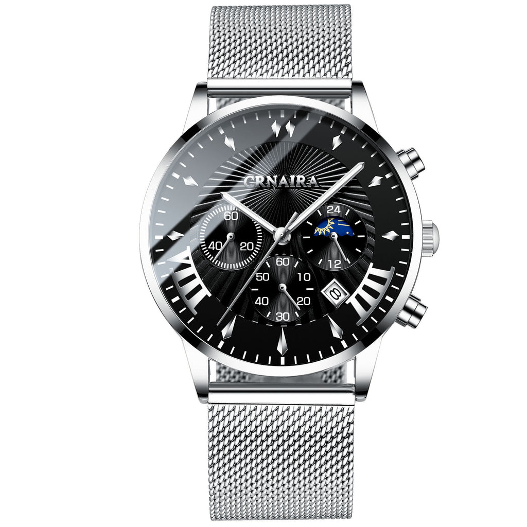 Men's Crnaira Men Watch Stainless Steel Quartz Watches Calendar Luminous Fashion Imitation Three-eye Waterproof Quartz Watch