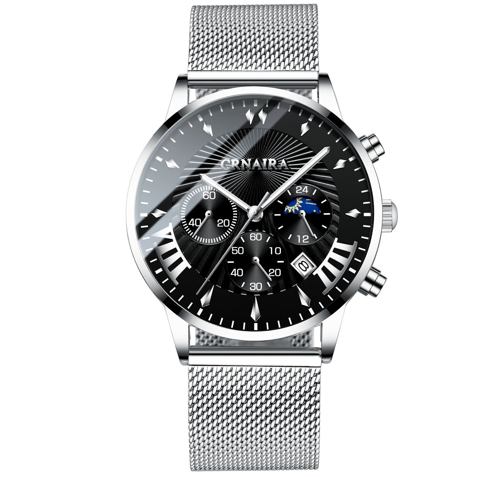 Men's Crnaira Men Watch Stainless Steel Quartz Watches Calendar Luminous Fashion Imitation Three-eye Waterproof Quartz Watch