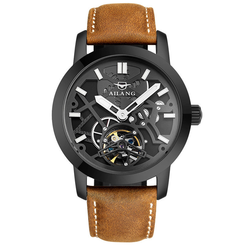 This image features a sophisticated men's mechanical watch by the brand AILANG. The watch showcases a sleek, silver-toned metal case paired with a black leather strap that enhances its elegant appearance.