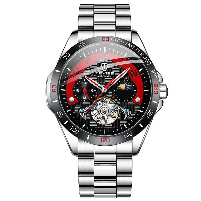 A men's automatic mechanical watch with a silver band and a black, gold, and silver dial featuring a tourbillon and moon phase display.
