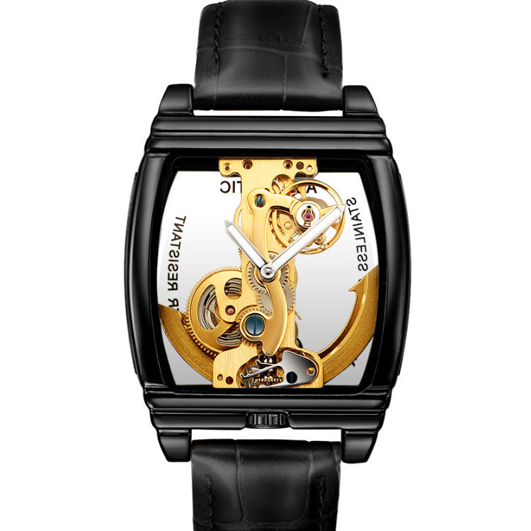 Orologio meccanico automatico da uomo SHENHUA a forma di barile, a doppia faccia, con cinturino in pelle originale.