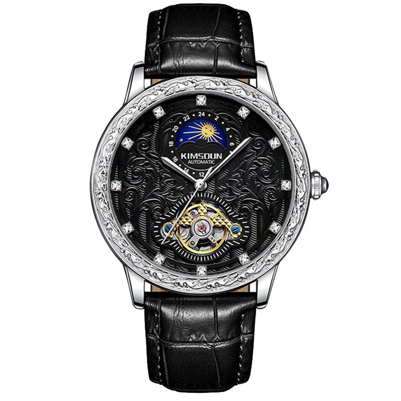 Kimsdun Brand New Men's Watch Carved Moon Phase Quartz Watch High Quality Large Dial Leather Strap Man Wristwatch Tourbillon Mechanical Watch - Acquisti Online