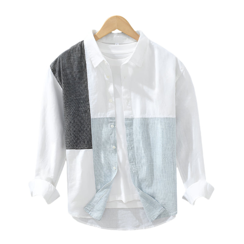 Men's Fashionable Casual Shirt Solid Color Cardigan Stitching Contrast Color Long Sleeves Fashion Men's Shirt