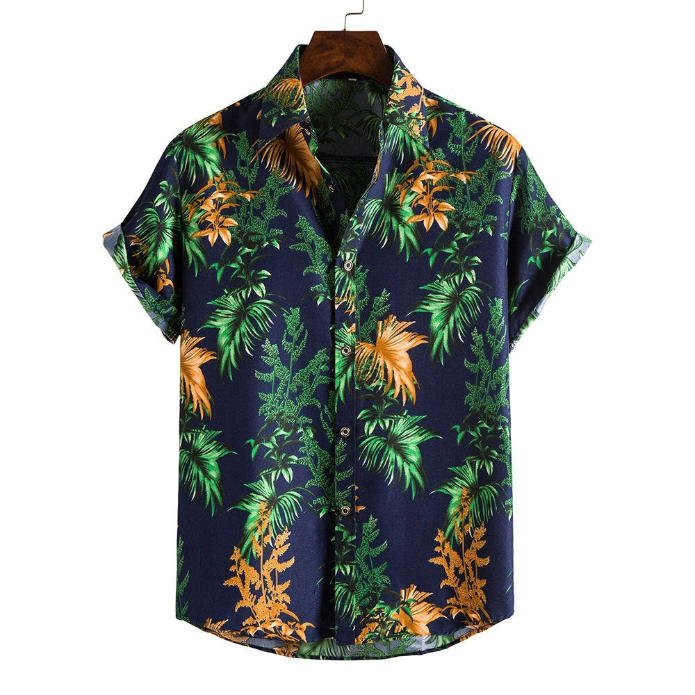 Men's Fashionable Casual Shirt Stripes/Tree Printed Short Sleeve Turn-down Collar Slim Hawaiian Men's Casual Shirt