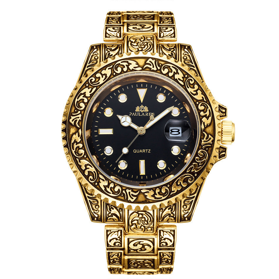 Paulares Men Quartz Movement Watch Carved Water Ghost Calendar Luminous Men's Watch - Acquisti Online
