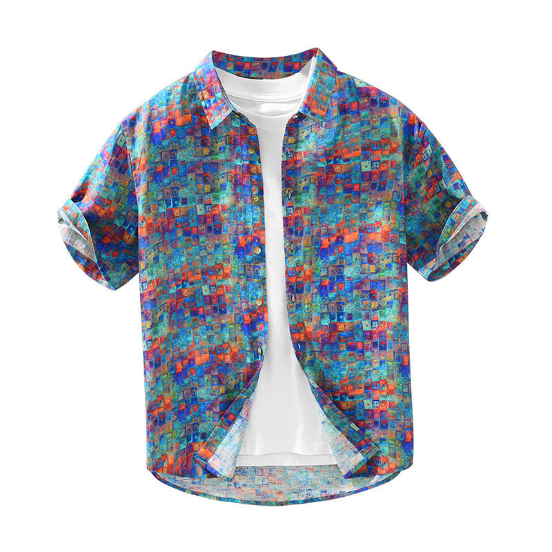 Men's Fashionable Casual Shirt Solid Color Cardigan Printed Polyester Fiber Slim Fit Regular Shirt Fashion Men's Short Sleeve Shirt