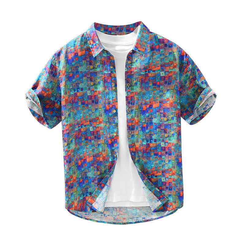 Men's Fashionable Casual Shirt Solid Color Cardigan Printed Polyester Fiber Slim Fit Regular Shirt Fashion Men's Short Sleeve Shirt