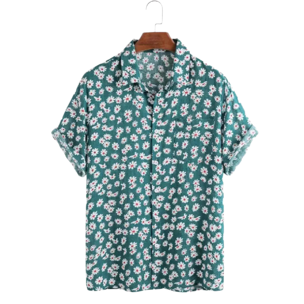 Camicia a maniche corte da uomo alla moda, camicia a maniche corte con stampa floreale, camicia casual da uomo hawaiana con stampa di piccole margherite