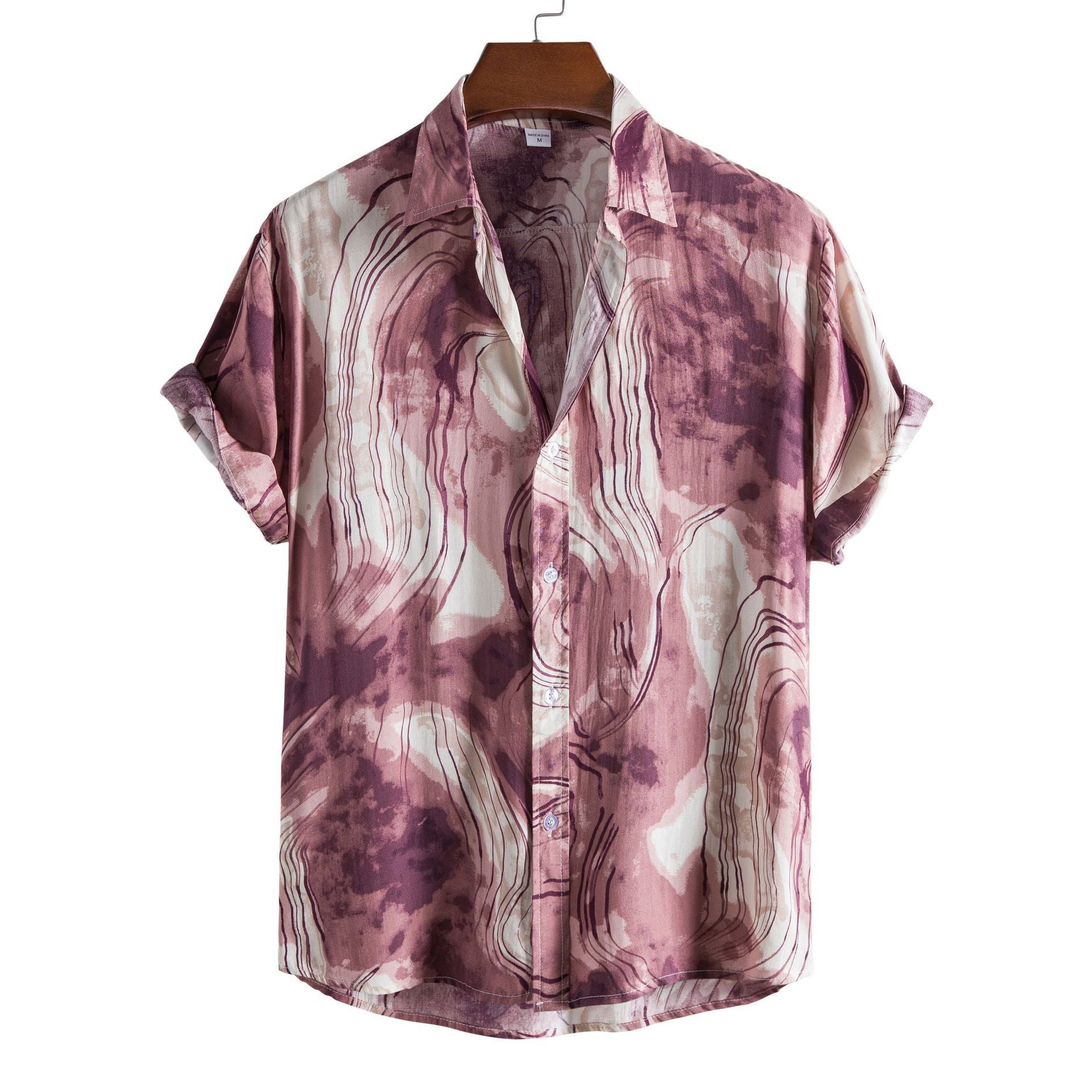 Men's Fashionable Casual Shirt Solid Color 3D Printed Men's V-Neck Collar Button-Down Shirt Short Sleeve Men's Shirt