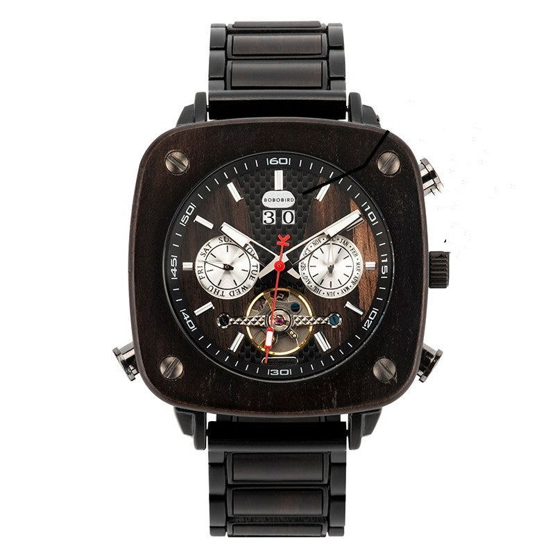 Orologio da uomo in legno meccanico automatico con tecnologia nera e personalità, dalla forma speciale