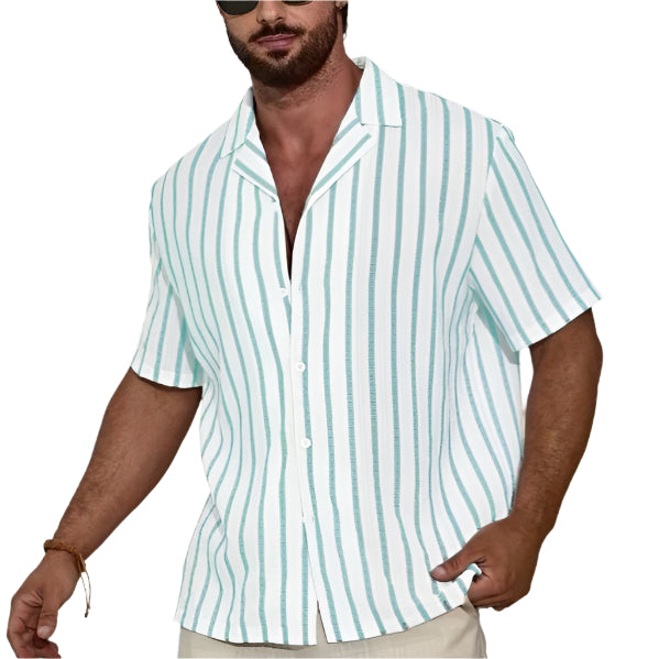 Men's Fashionable Casual Shirt Solid Color Geometric Contrast Color Striped 3D Digital Printing Men's Short Sleeve Shirt