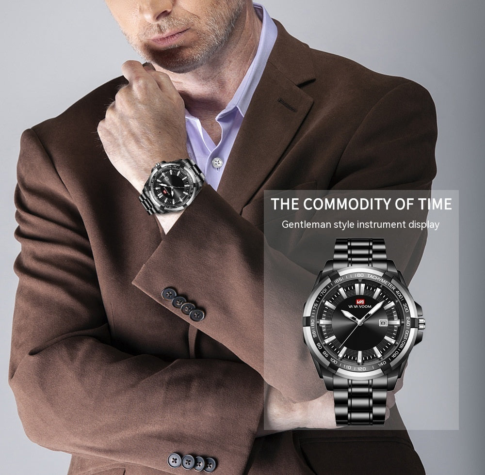 Men's Stainless Steel Watch Calendar Trend Business Sports Steel Belt Luminous Watch