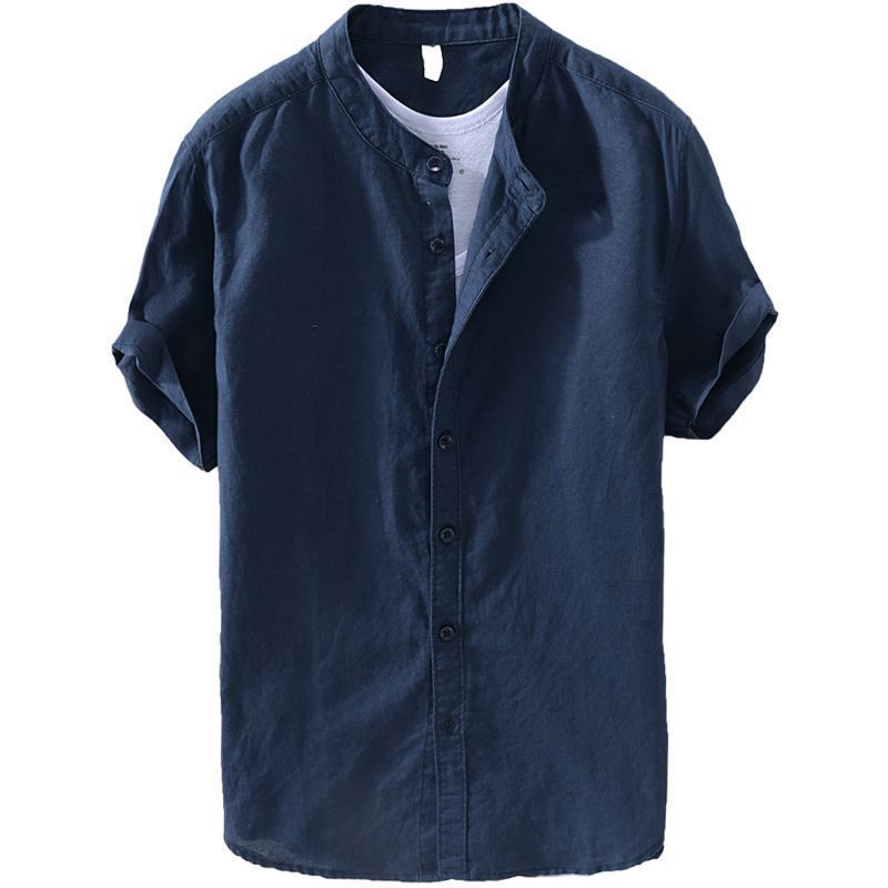 Men's Casual Shirts Linen Blank Short Sleeve Thin and Breathable Cotton Shirt Fashionable Men's Up-to-Neck Shirt