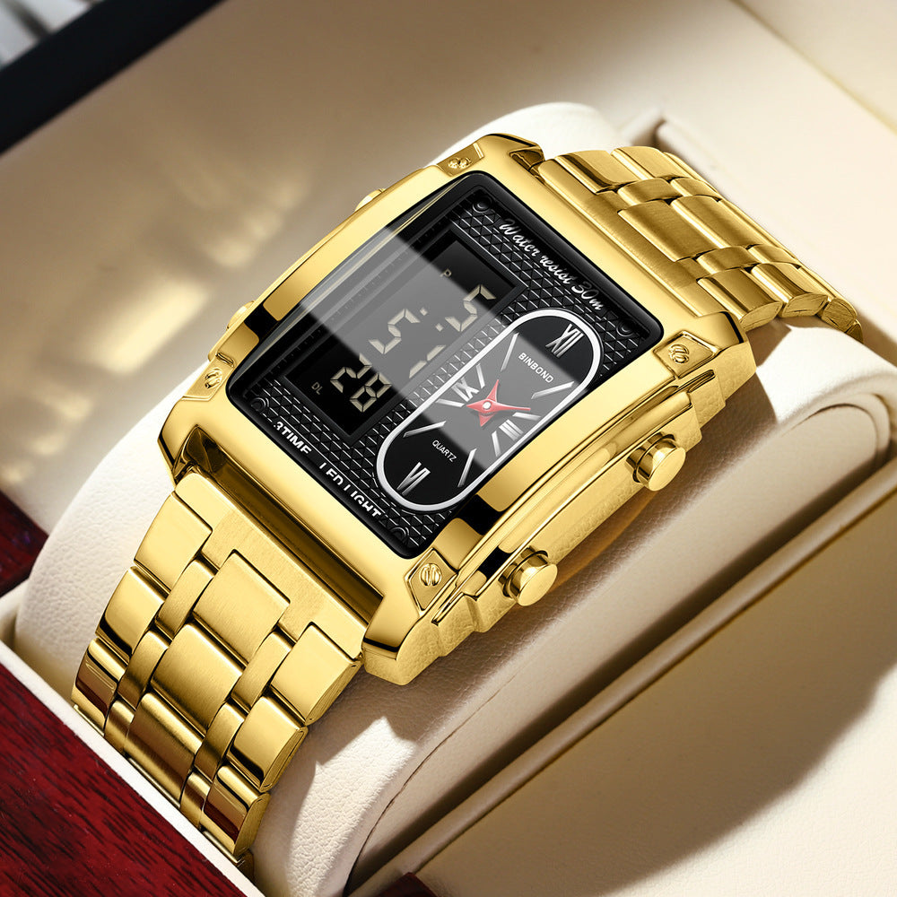 Men's Creative Steel Belt Electronic Watch Double Inserts Multi-functional Waterproof Watch