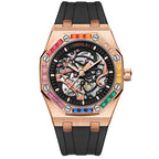 Orologio meccanico automatico da uomo con cinturino in silicone e diamanti arcobaleno