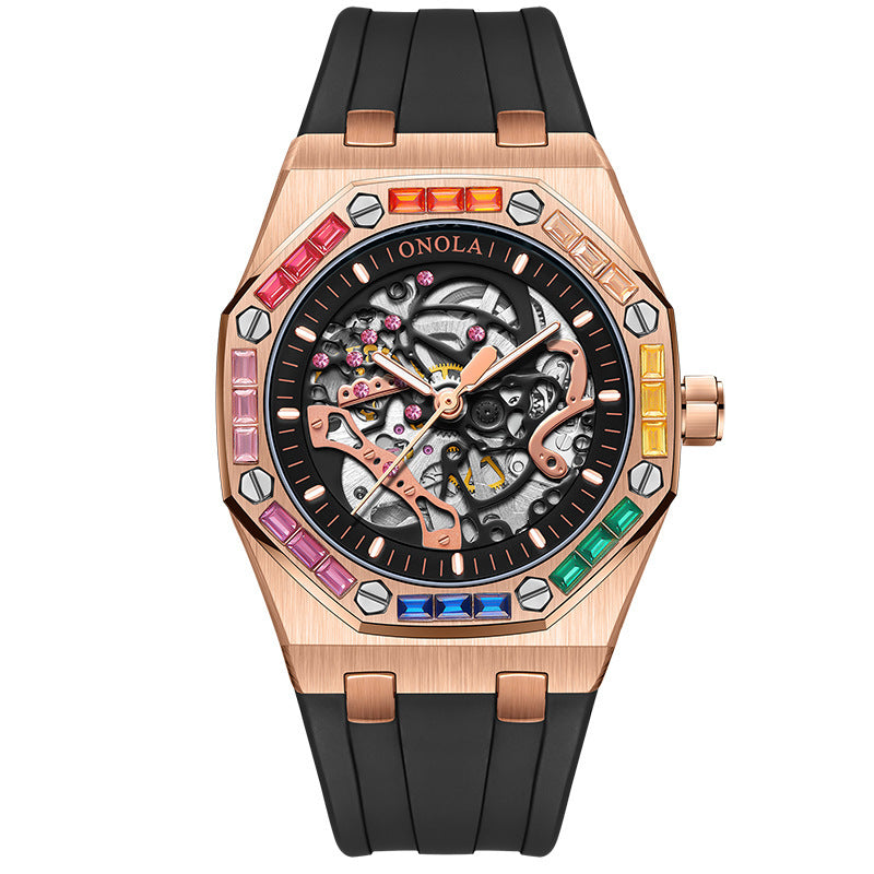 Orologio meccanico automatico da uomo con cinturino in silicone e diamanti arcobaleno
