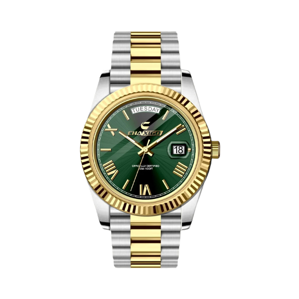 CHAXIGO Herenhorloge Staal Drie Wijzers Grote Wijzerplaat met Datum Lichtgevend Waterdicht Quartz Horloge