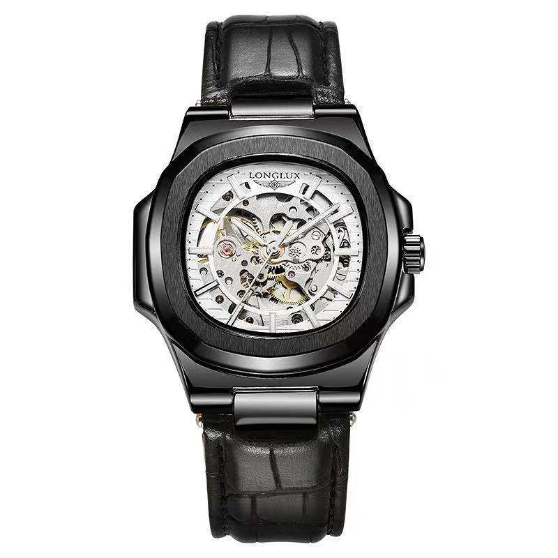 Men's Automatic Mechanical Watch Luxury Skeleton Waterproof Business Stainless Steel Barrel-shaped Leather Belt Men's Waterproof Mechanical Watch - Acquisti Online