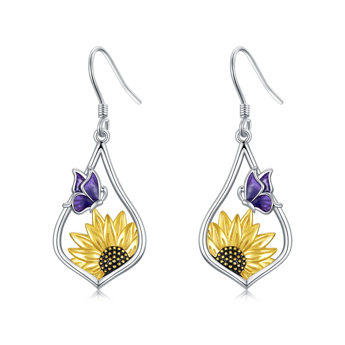 Modieuze oorbellen voor dames, gemaakt van S925 sterling zilver, met een zonnebloemmotief en een hangertje.