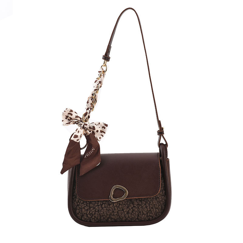 Women's Stitching Lamb Velvet PU Small Round Bag