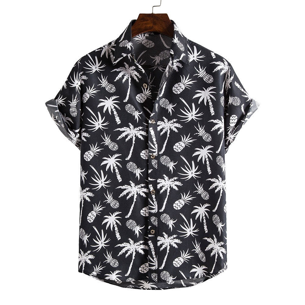 Men's Fashionable Casual Shirt Stripes/Tree Printed Short Sleeve Turn-down Collar Slim Hawaiian Men's Casual Shirt