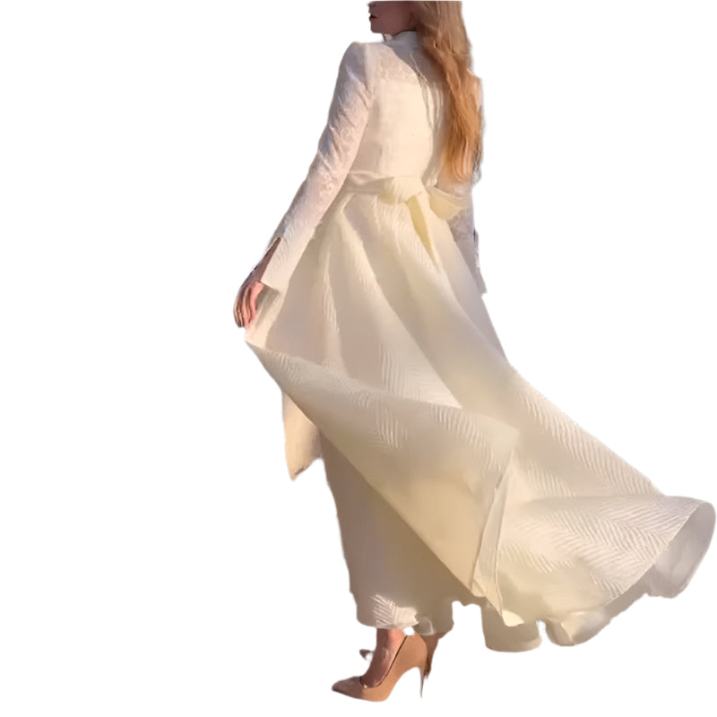 Witte voorkant borst bloem kralen kant garen Franse stijl retro lange mouw mode slanke damesjurk