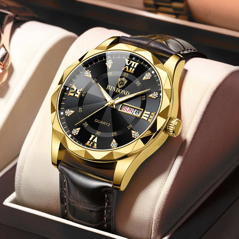 BINBOND Top Brand Luxury Fashion Men's Quartz Watch Waterproof Week Date Watch Men's Sports Watch Stainless Steel Quartz Wristwatch Genuine Leather Men's Waterproof Leisure watch