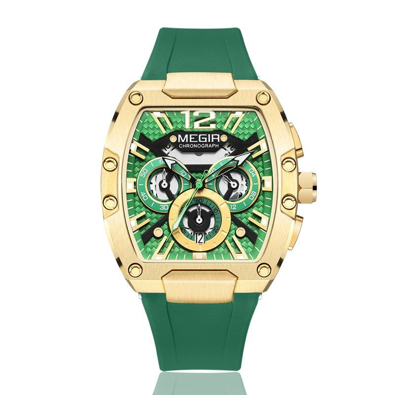 MEGIR Fashion Sport Quartz Watch for Men Waterproof Golden Green Silicone Strap Chronograph Wristwatch