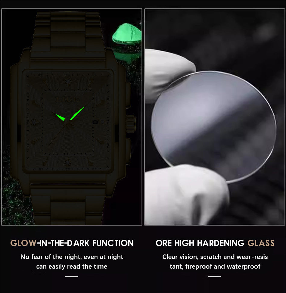 Lige Men's Business Casual Square Large Dial Steel Belt Watch Gold Color Quartz Automatic Movement Waterproof Watch - Acquisti Online