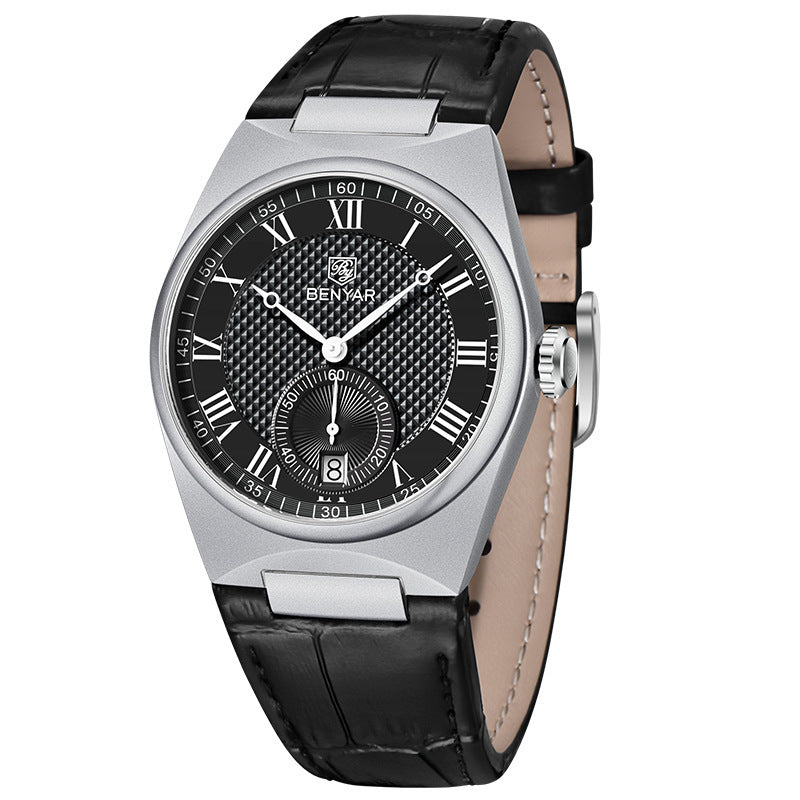 Benyar Men's Classic Fashion Watch Automatic Quartz Movement Watch Waterproof Leather Band Watch