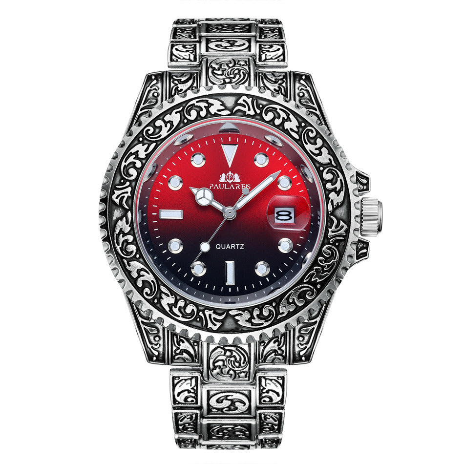 Orologio da uomo luminoso con calendario fantasma intagliato al quarzo e movimento ad acqua