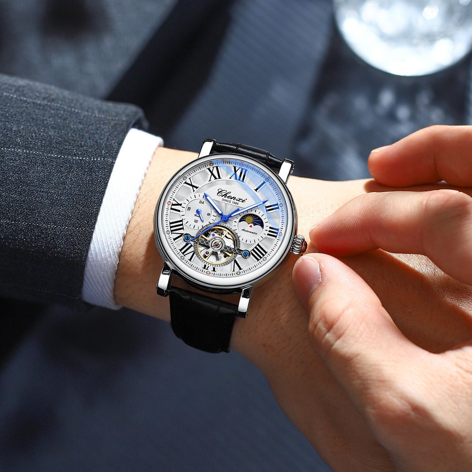 Orologio da uomo di marca CHENXI, orologio da polso meccanico automatico impermeabile alla moda, orologio al quarzo luminoso, orologio da uomo in pelle con volano cavo