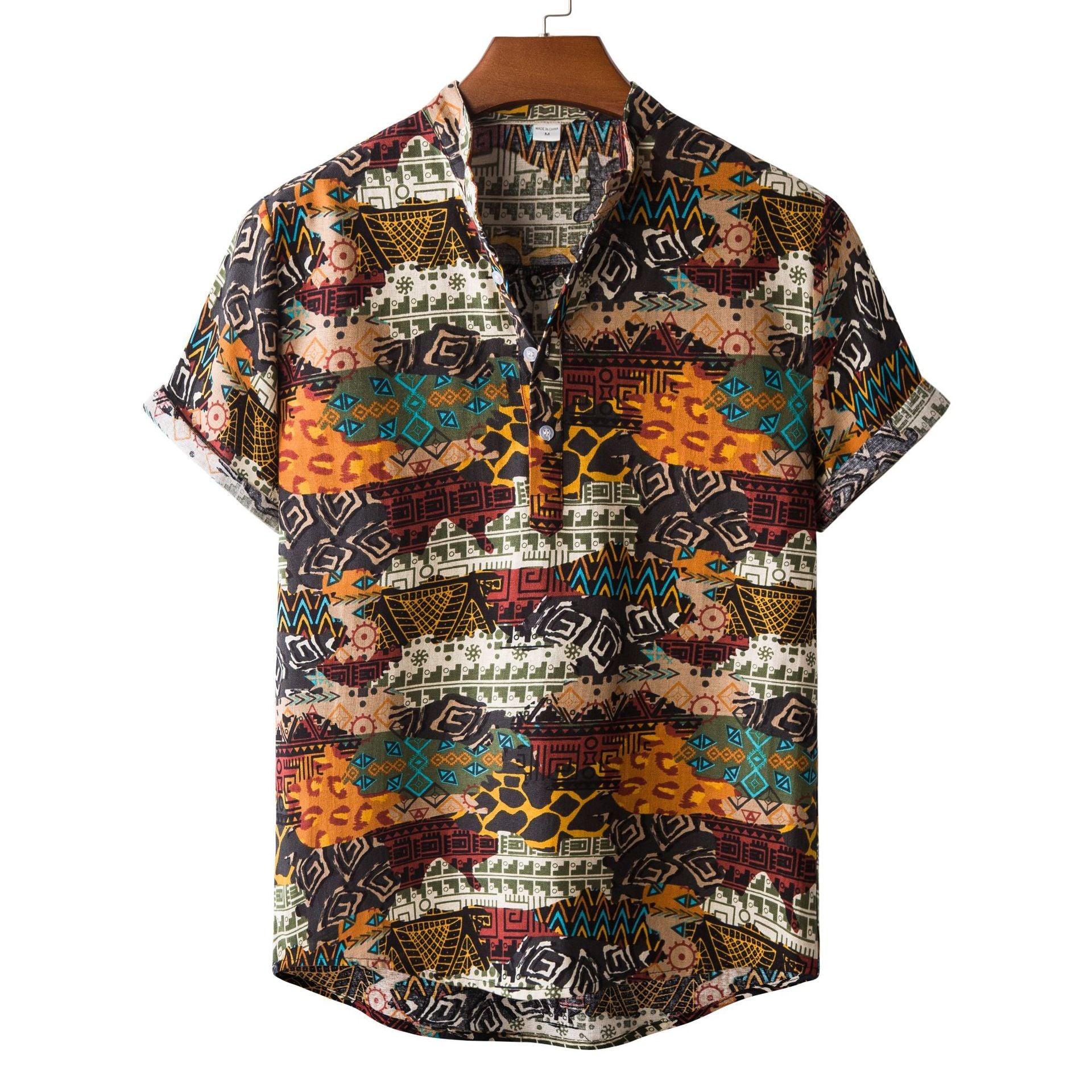 Men's Fashionable Casual Shirt Printed Loose Hawaiian Shirt Stand Collar Cotton Linen Ethnic Printed Men's Shirts