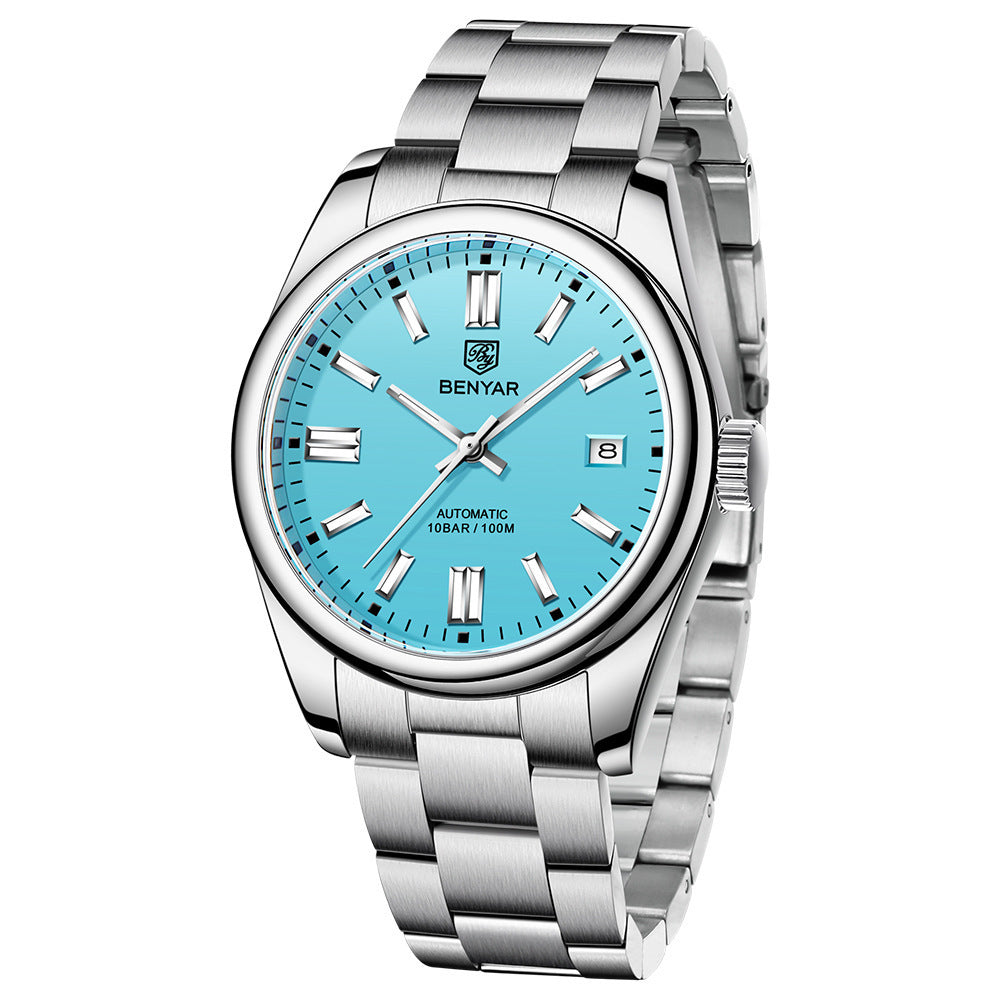 A silver-colored men's mechanical watch with a blue dial and stainless steel strap, displaying a screw crown and a date function.