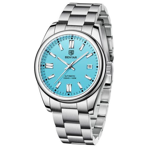 A silver-colored men's mechanical watch with a blue dial and stainless steel strap, displaying a screw crown and a date function.